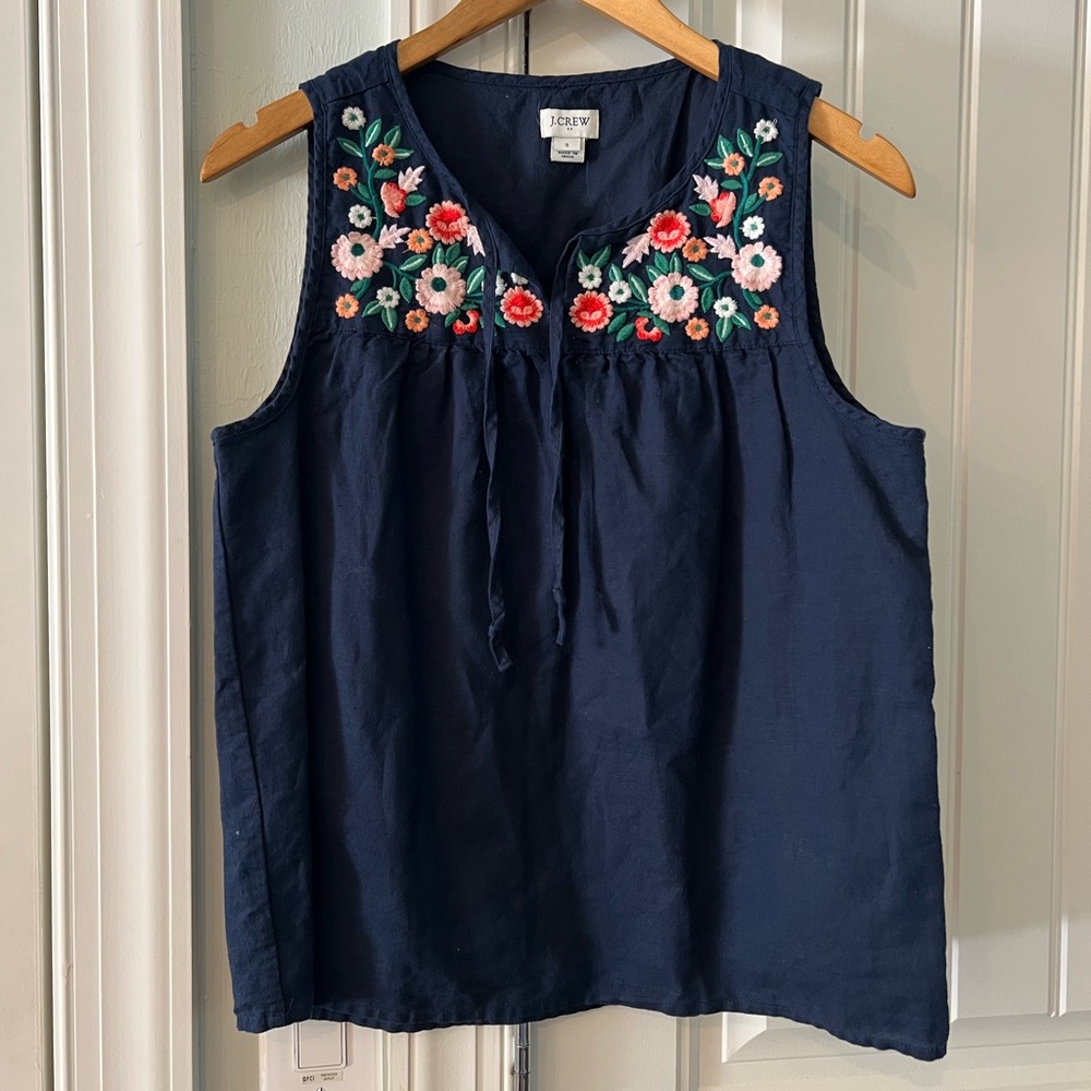J CREW Linen Cotton Blend Floral Embroidered Navy Blue Sleeveless Top Small